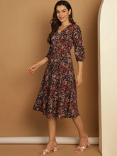 Floral Print Puff Sleeves Crepe Dress-JND-1008Black